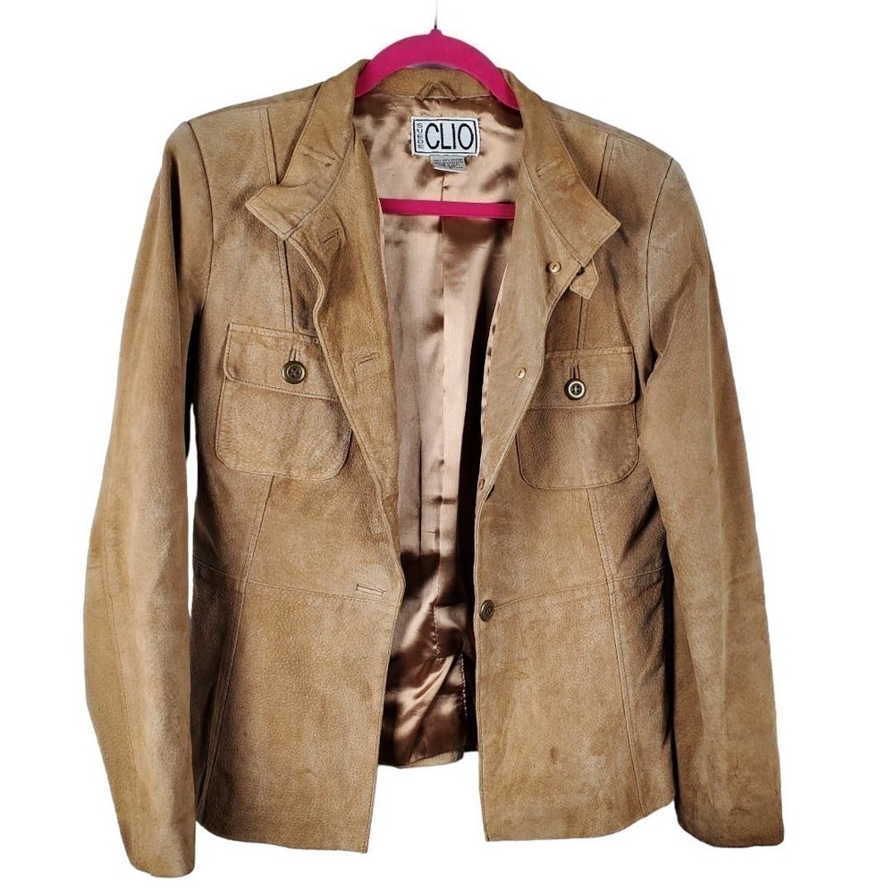 Clio Tan Genuine Suede Leather Jacket Size 8 Boho Western 90s Minimalist Coat